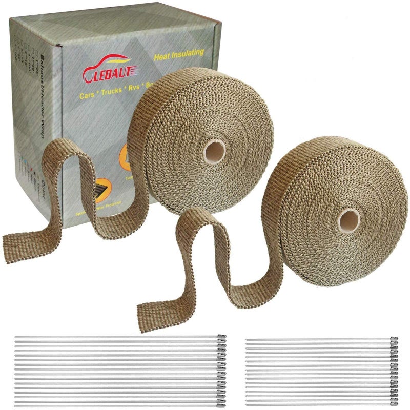 LEDAUT لفائف LEDAUT 2 رول 2" × 50' من لفائف عزل الحرارة التيتانيوم لعوادم الدراجات النارية مع شريط حماية من الألياف الزجاجية مع روابط من الفولاذ المقاوم للصدأ - Image 1